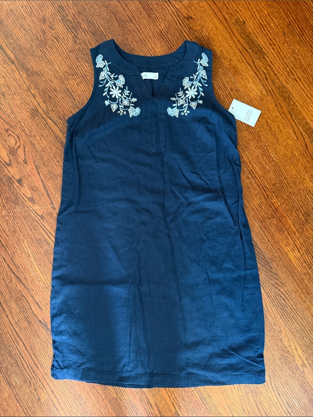 croft & barrow Navy Sleeveless Shift Dress with White Floral Embroidery
